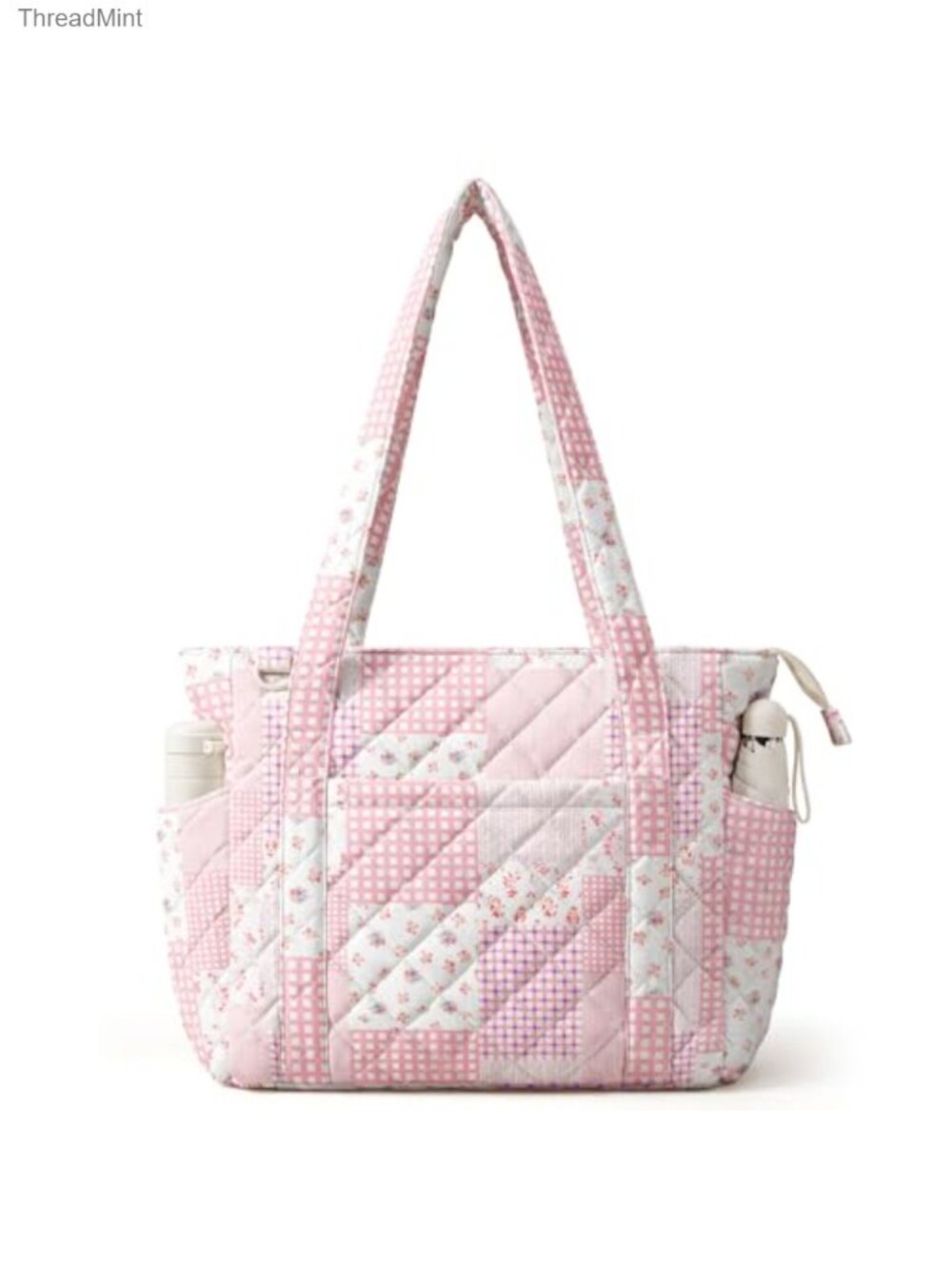 Quilted Floral Tote Bag with Zipper, Laptop Compartment, 20L, Work Travel Gym